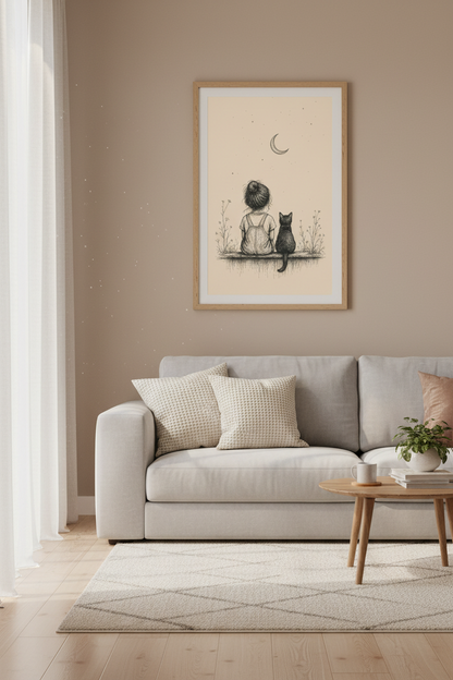 Girl and Black Cat Moon Art Print | Nursery Poster | Whimsical Sketch Decor
