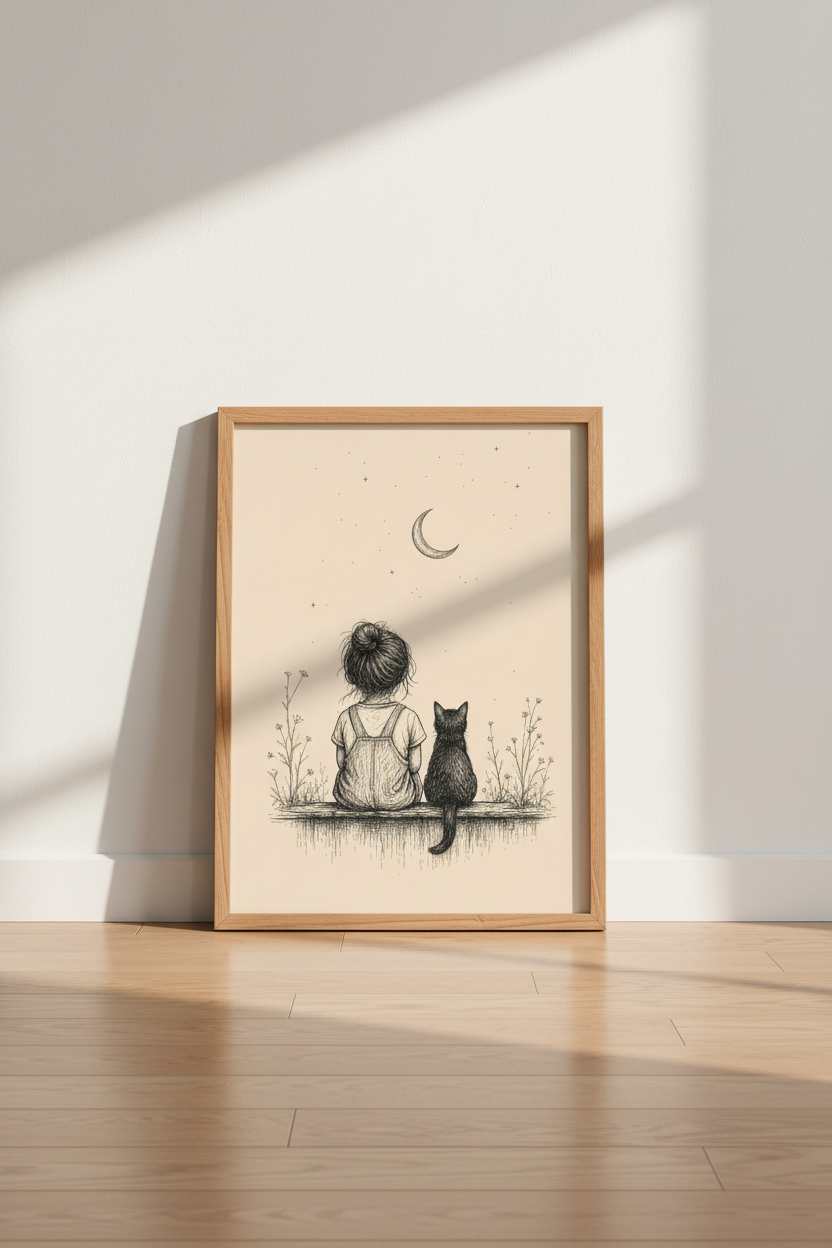 Girl and Black Cat Moon Art Print | Nursery Poster | Whimsical Sketch Decor