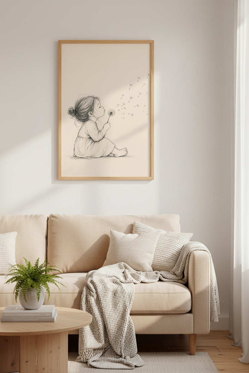 Little Girl Blowing Dandelion Sketch | Minimalist Nursery Decor, Whimsical Poster