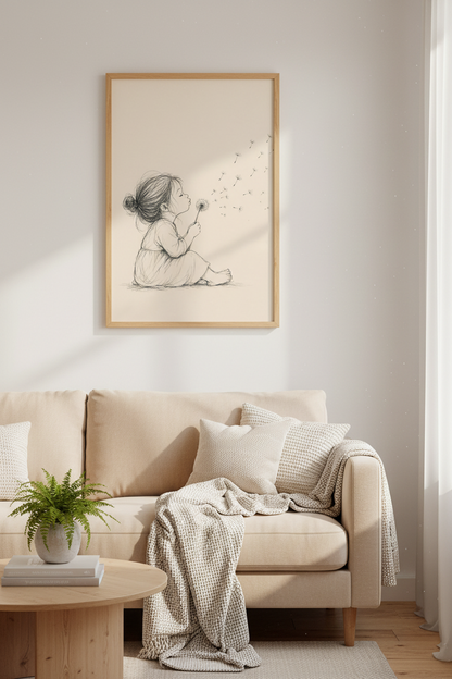 Little Girl Blowing Dandelion Sketch | Minimalist Nursery Decor, Whimsical Poster