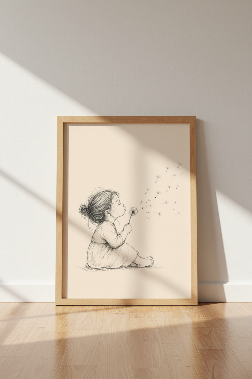 Little Girl Blowing Dandelion Sketch | Minimalist Nursery Decor, Whimsical Poster