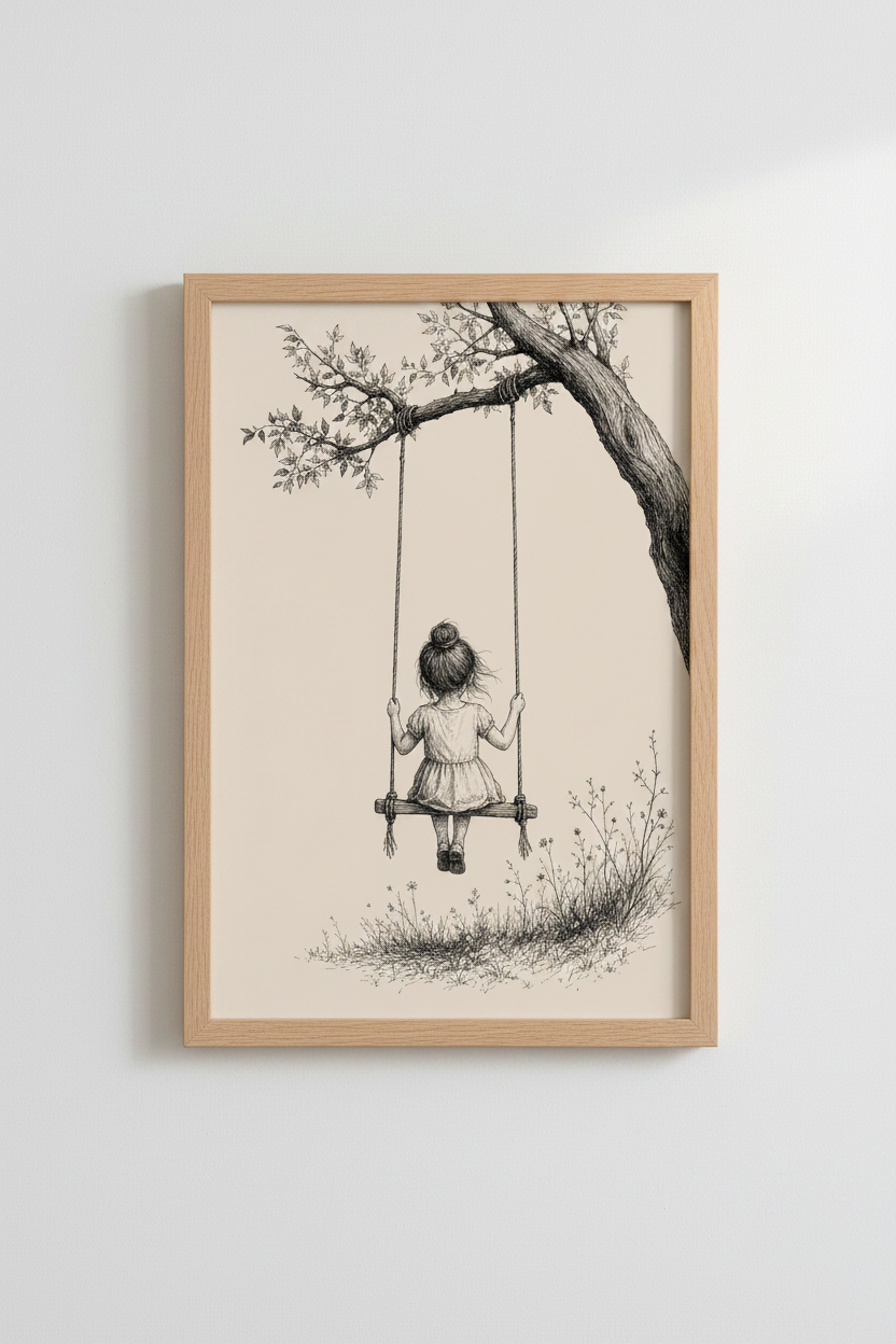 Girl on Swing Wall Art Print | Ink Drawing Kids Decor | Nostalgic Poster