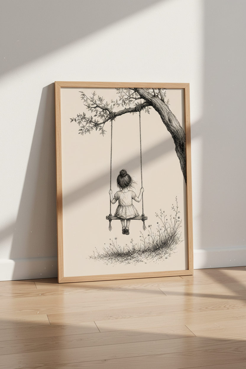 Girl on Swing Wall Art Print | Ink Drawing Kids Decor | Nostalgic Poster