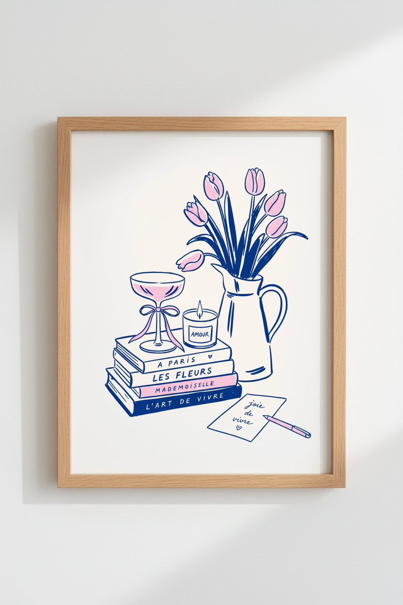 French Chic Wall Art Print | Parisian Book &amp; Tulip Sketch | Feminine Bedroom Decor