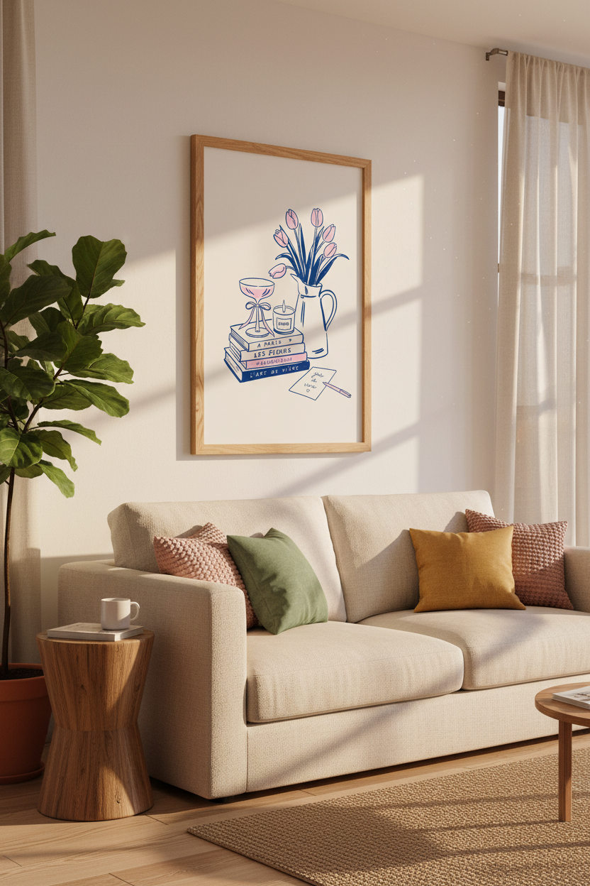 French Chic Wall Art Print | Parisian Book &amp; Tulip Sketch | Feminine Bedroom Decor
