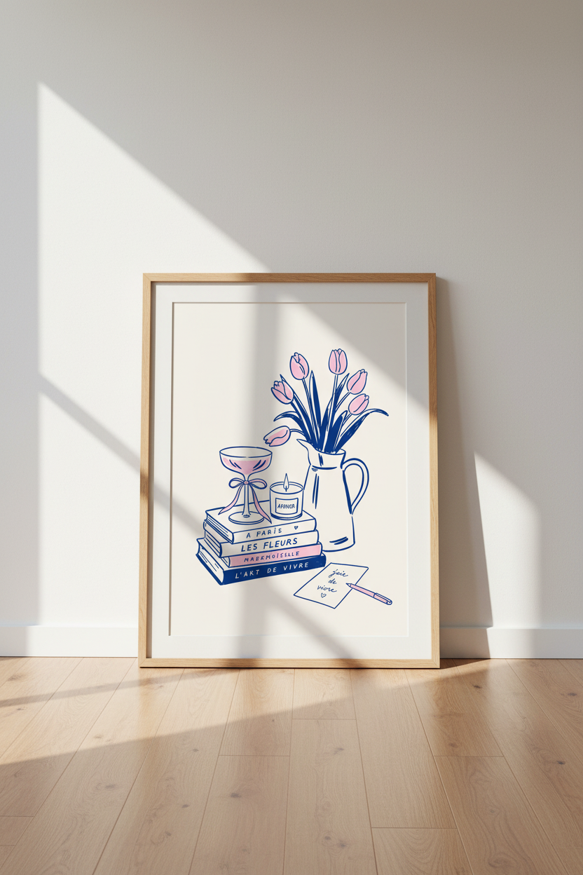 French Chic Wall Art Print | Parisian Book &amp; Tulip Sketch | Feminine Bedroom Decor