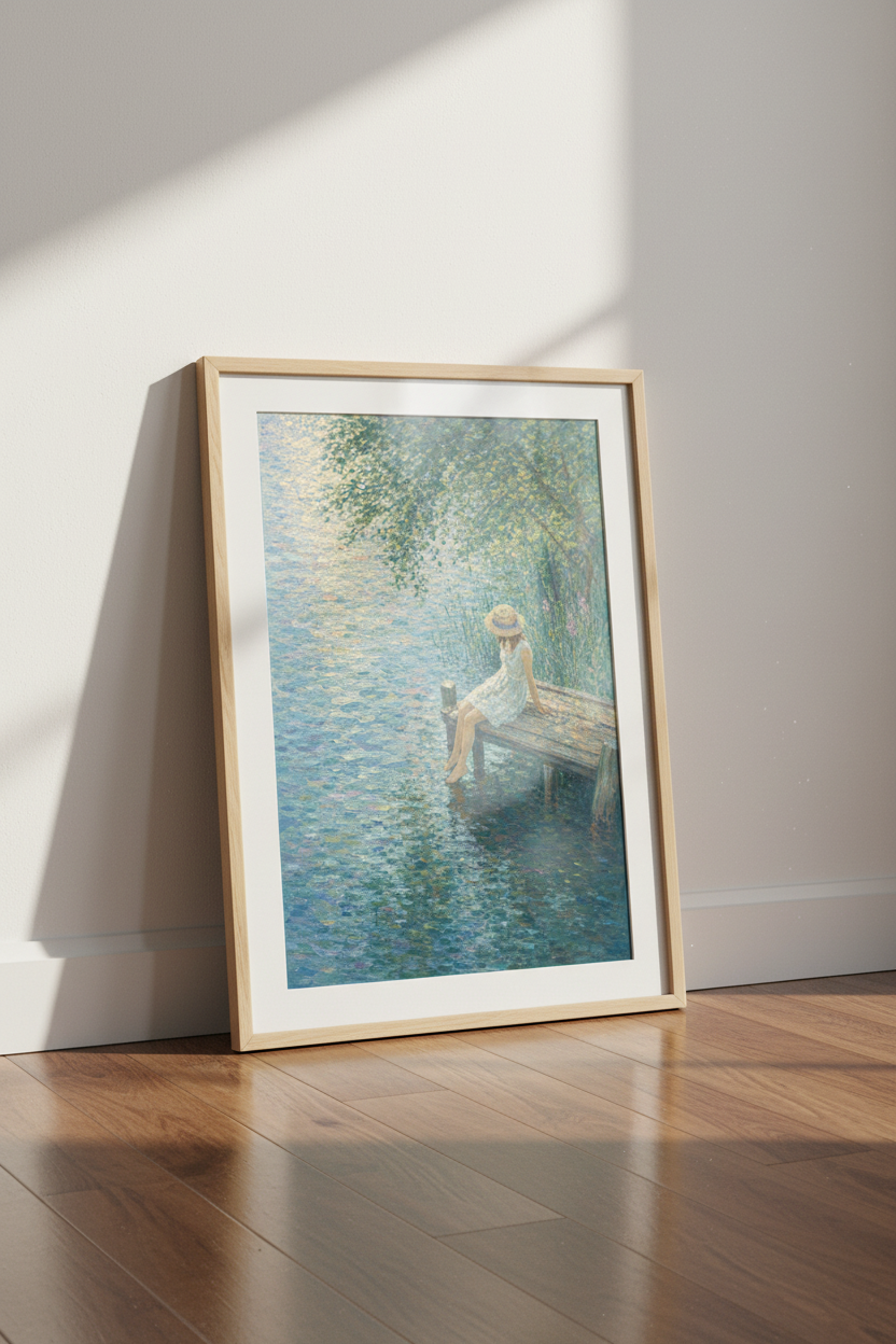Pastel Lake Art | Gentle Blues, Greenery Decor | Calm, Dreamy Poster