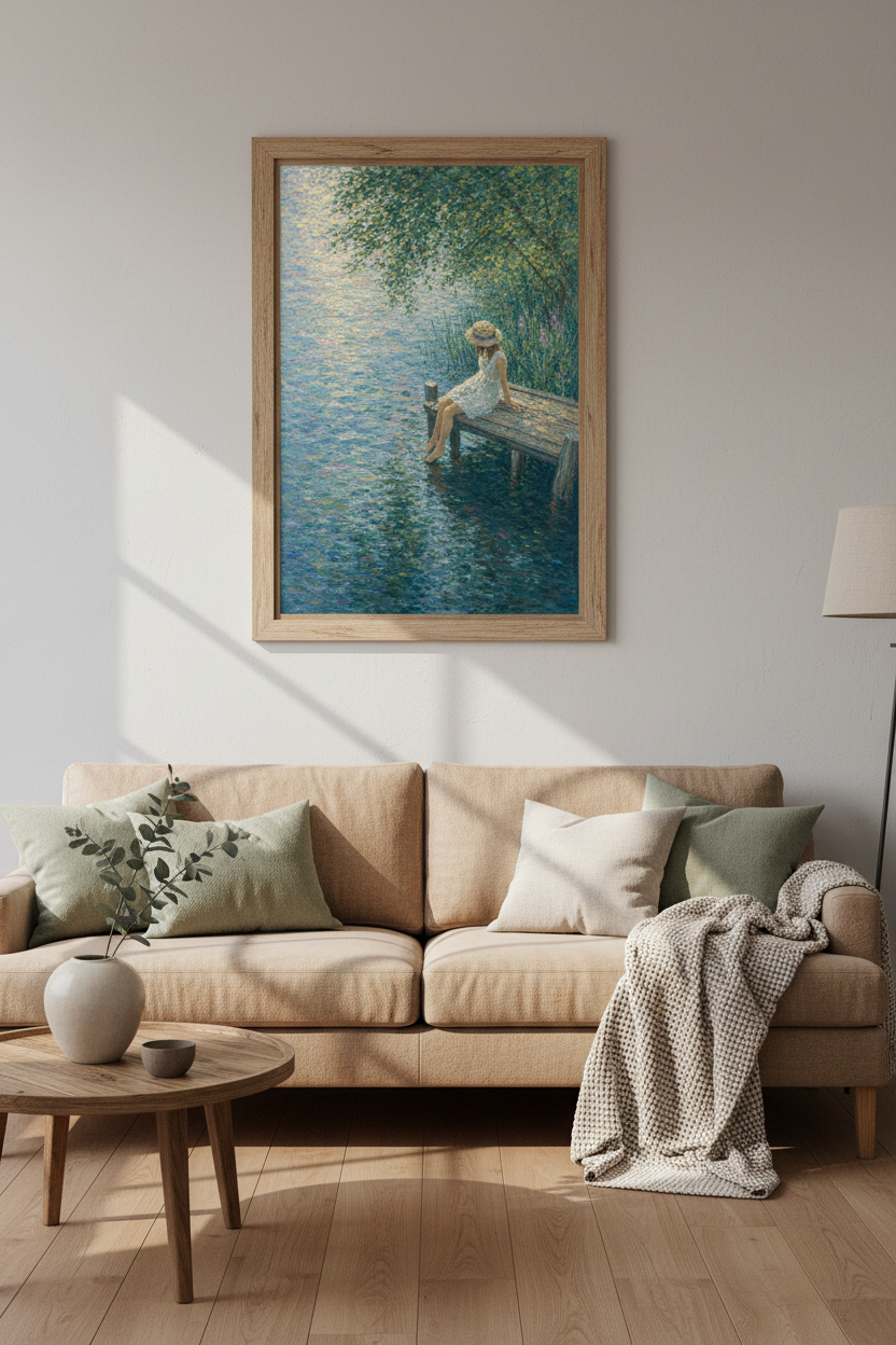 Pastel Lake Art | Gentle Blues, Greenery Decor | Calm, Dreamy Poster