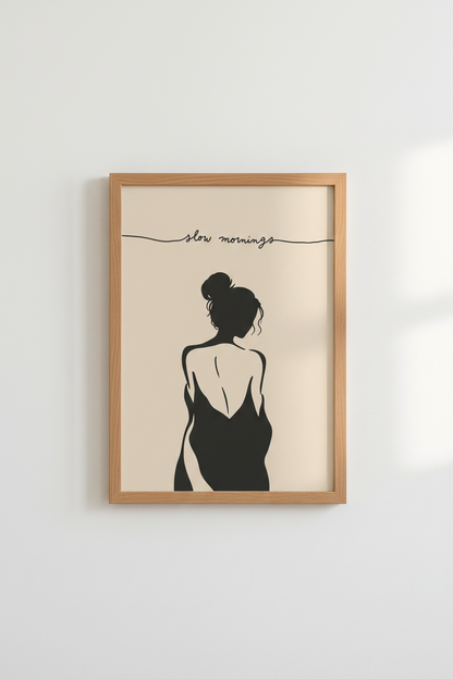 Minimalist Woman Art Print | Beige Silhouette Poster, Slow Mornings Bedroom Decor