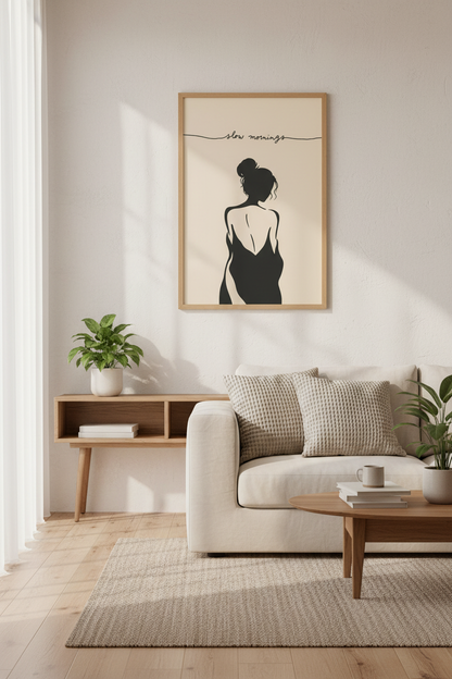 Minimalist Woman Art Print | Beige Silhouette Poster, Slow Mornings Bedroom Decor