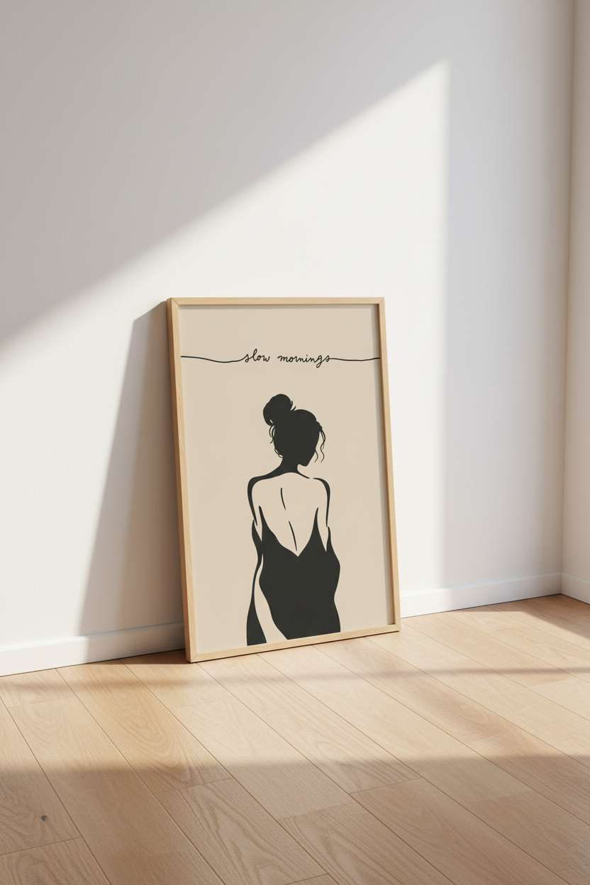 Minimalist Woman Art Print | Beige Silhouette Poster, Slow Mornings Bedroom Decor