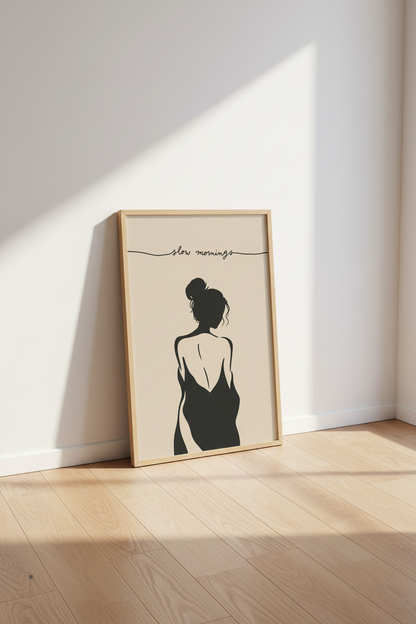 Minimalist Woman Art Print | Beige Silhouette Poster, Slow Mornings Bedroom Decor