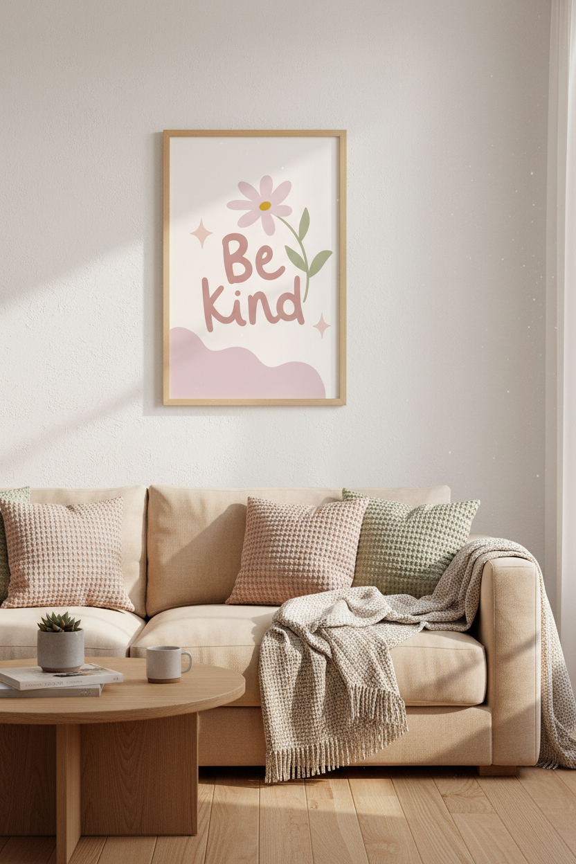 Be Kind Floral Wall Art Print | Boho Nursery Decor | Pastel Flower Poster