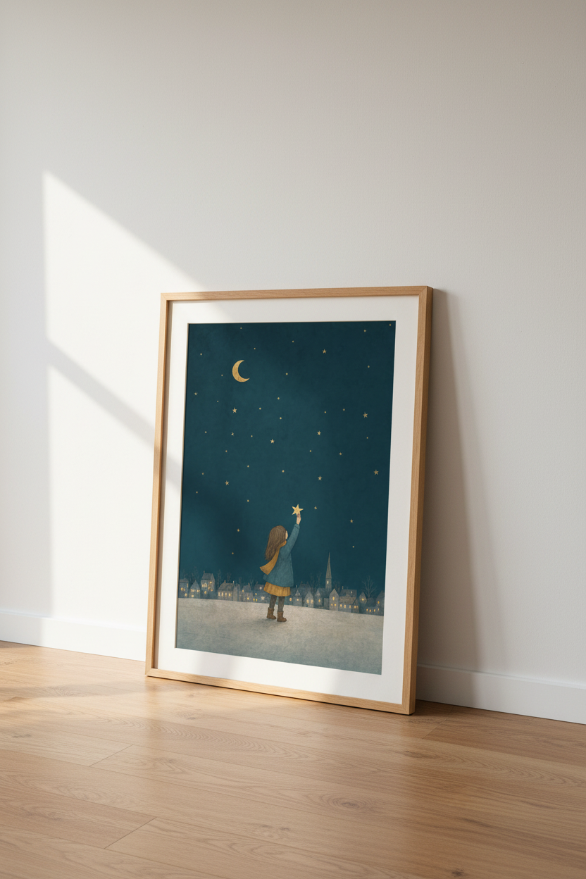 Star Catcher Girl Wall Art | Navy &amp; Gold Celestial Decor | Whimsical Nursery Poster