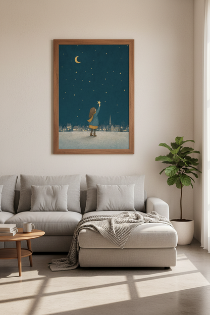 Star Catcher Girl Wall Art | Navy &amp; Gold Celestial Decor | Whimsical Nursery Poster
