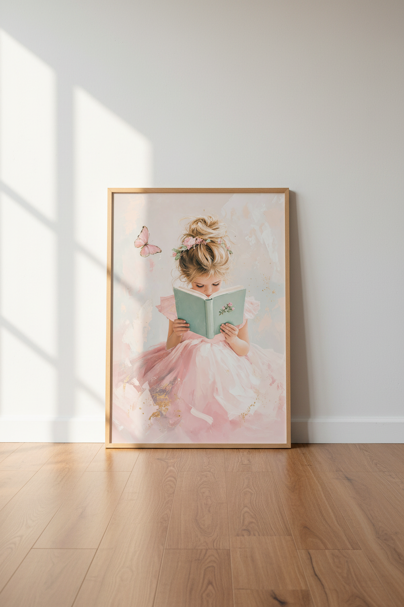 Girl Reading Book Wall Art | Pink Butterfly Nursery Print | Whimsical Aesthetic Poster