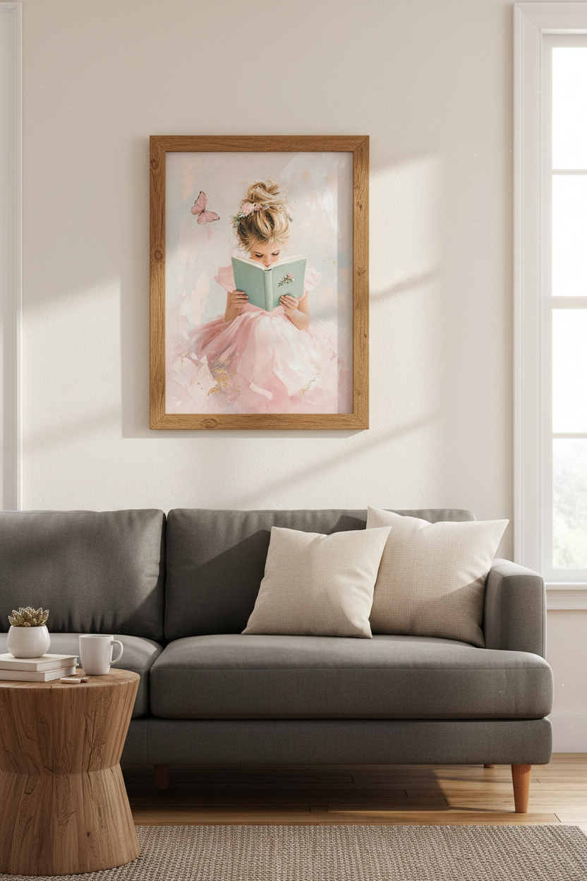 Girl Reading Book Wall Art | Pink Butterfly Nursery Print | Whimsical Aesthetic Poster