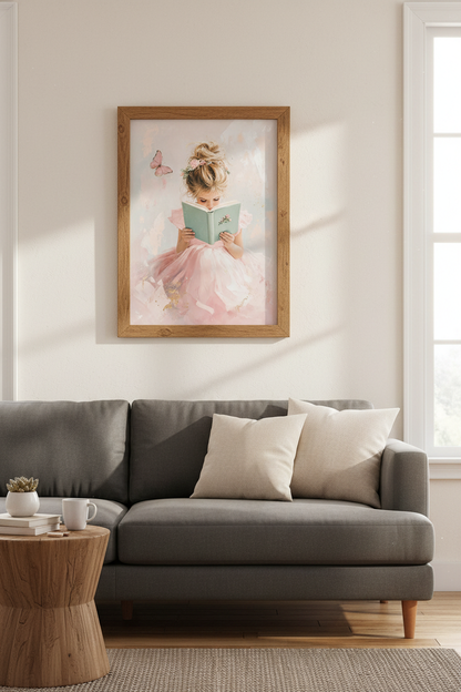 Girl Reading Book Wall Art | Pink Butterfly Nursery Print | Whimsical Aesthetic Poster