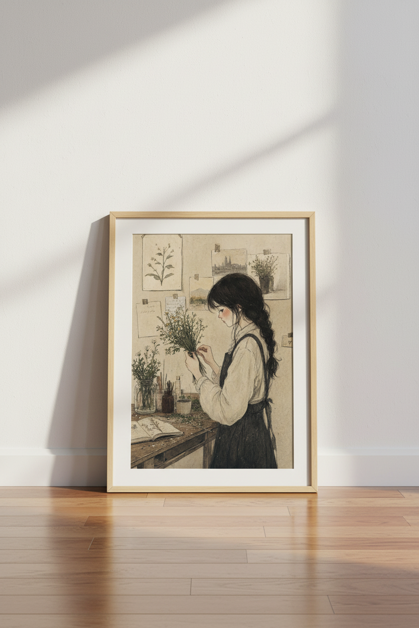 Cottagecore Girl with Flowers Art | Vintage Aesthetic Poster, Bedroom Wall Decor