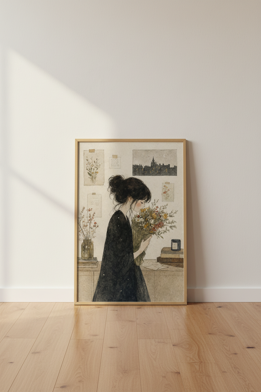 Dark Academia Girl with Wildflowers Wall Art | Vintage Cottagecore | Aesthetic Poster