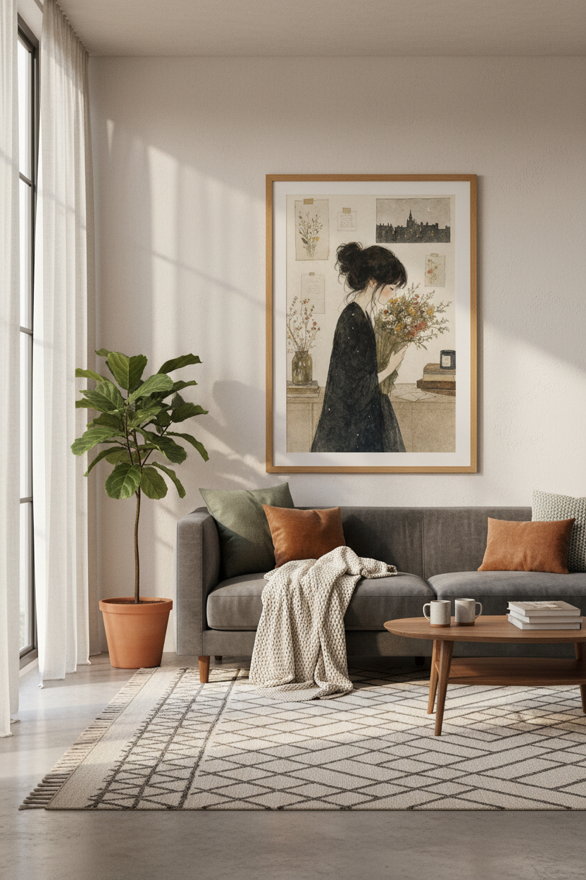 Dark Academia Girl with Wildflowers Wall Art | Vintage Cottagecore | Aesthetic Poster