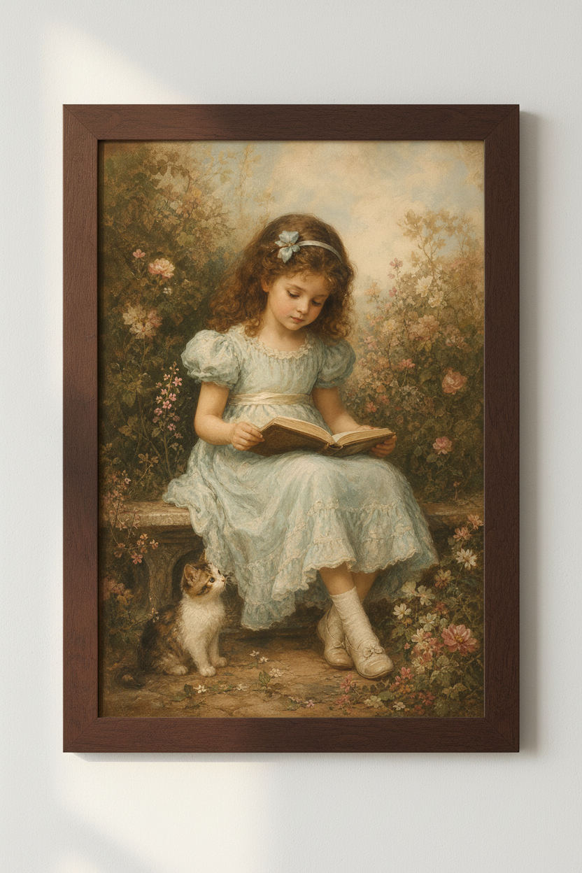 Garden girl art | Soft blue tones, living room decor poster