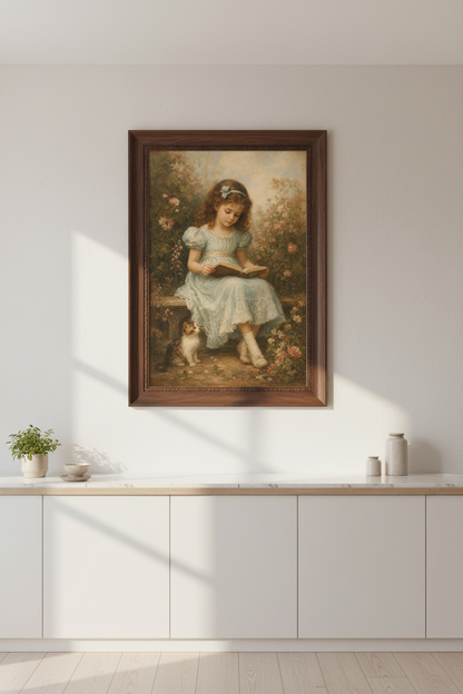 Garden girl art | Soft blue tones, living room decor poster