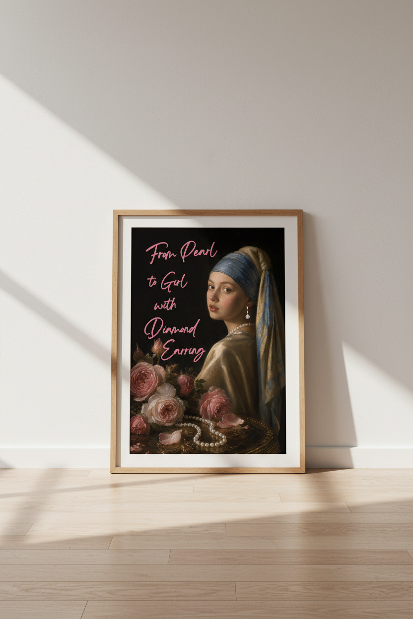 Coquette Wall Art Print | Pink Aesthetic Girl with Pearl Earring | Trendy Dorm Decor