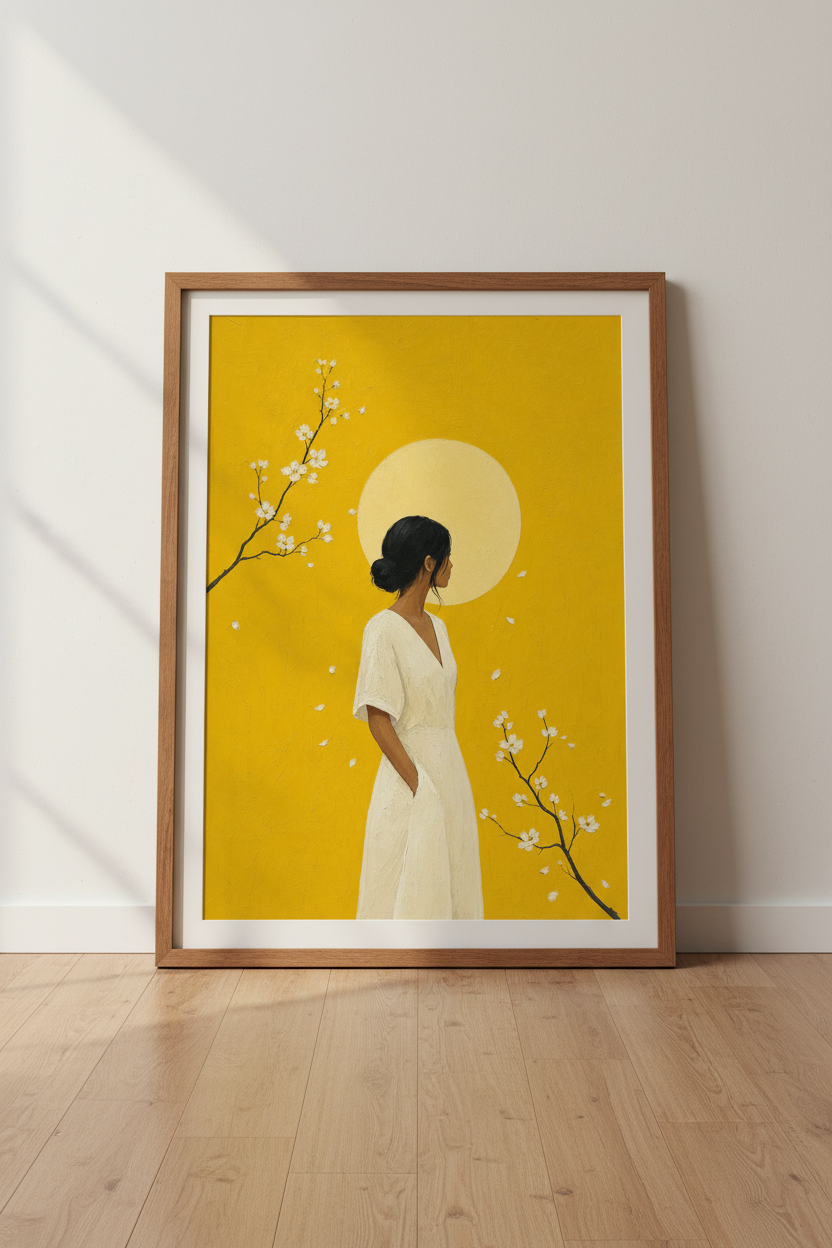 Zen Sun &amp; Woman Wall Art | Minimalist Yellow Japanese Poster, Living Room Decor