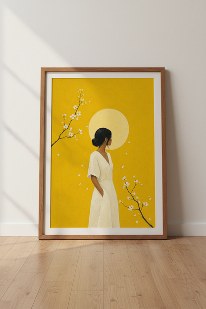 Zen Sun &amp; Woman Wall Art | Minimalist Yellow Japanese Poster, Living Room Decor