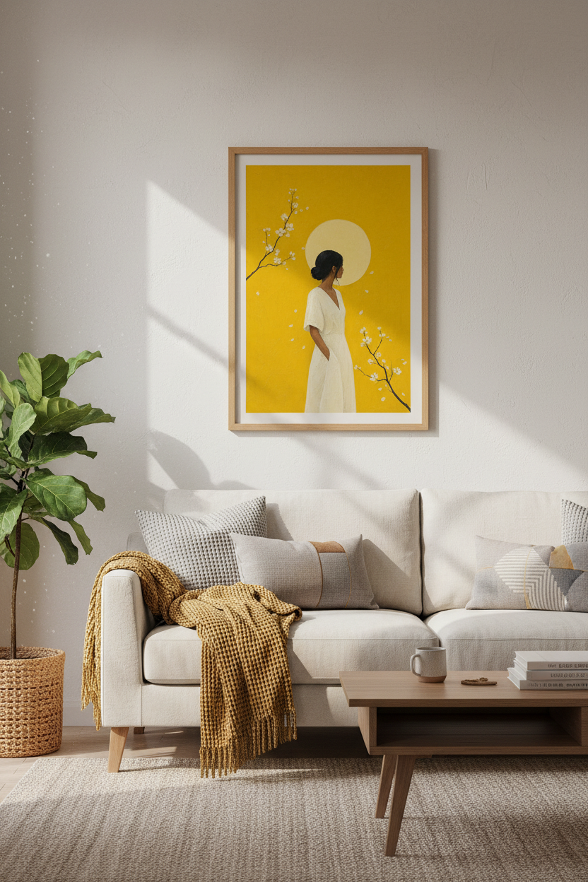 Zen Sun &amp; Woman Wall Art | Minimalist Yellow Japanese Poster, Living Room Decor