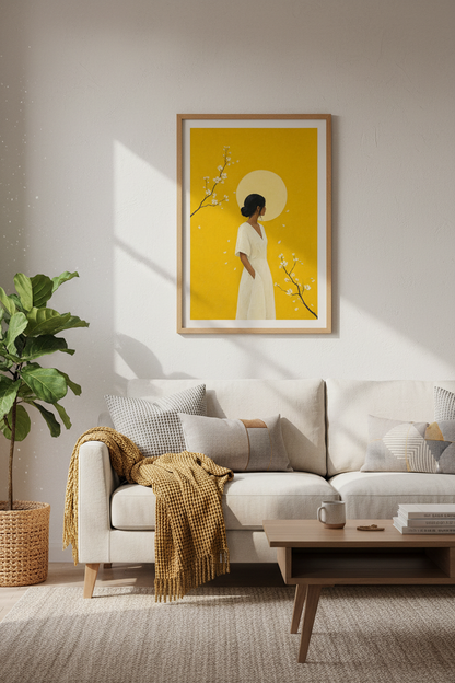 Zen Sun &amp; Woman Wall Art | Minimalist Yellow Japanese Poster, Living Room Decor