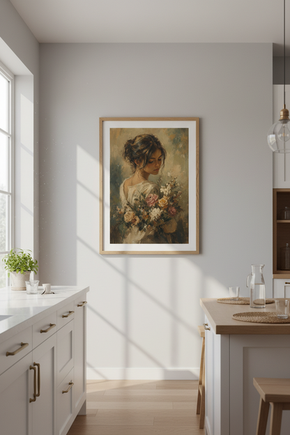 Floral Portrait Wall Art Print | Romantic Oil Aesthetic | Bedroom Decor