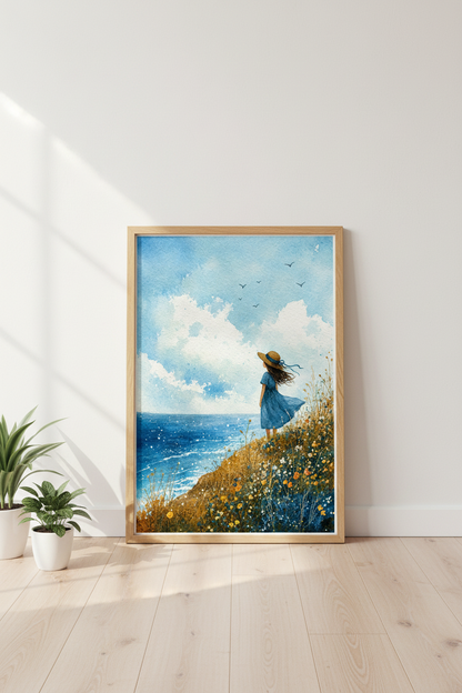 Watercolor Girl at Sea Wall Art Print | Coastal Nursery Decor | Whimsical Blue Poster