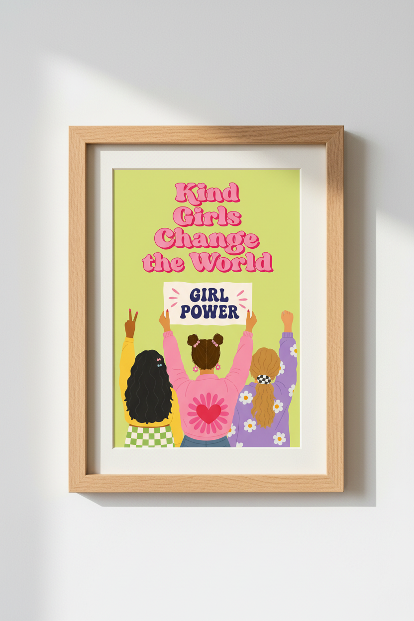 Girl Power Wall Art Print | Retro Pink Nursery Decor | Kind Girls Change World Poster