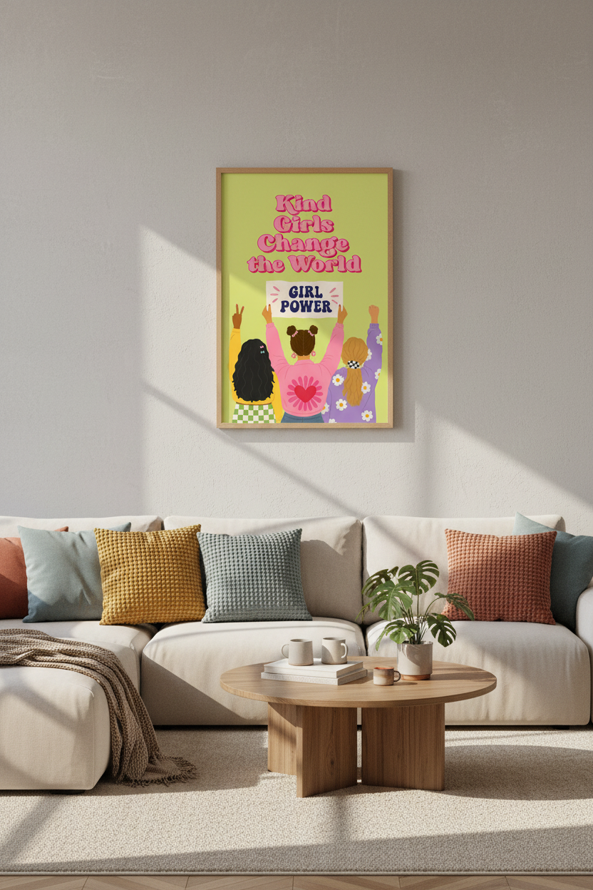 Girl Power Wall Art Print | Retro Pink Nursery Decor | Kind Girls Change World Poster