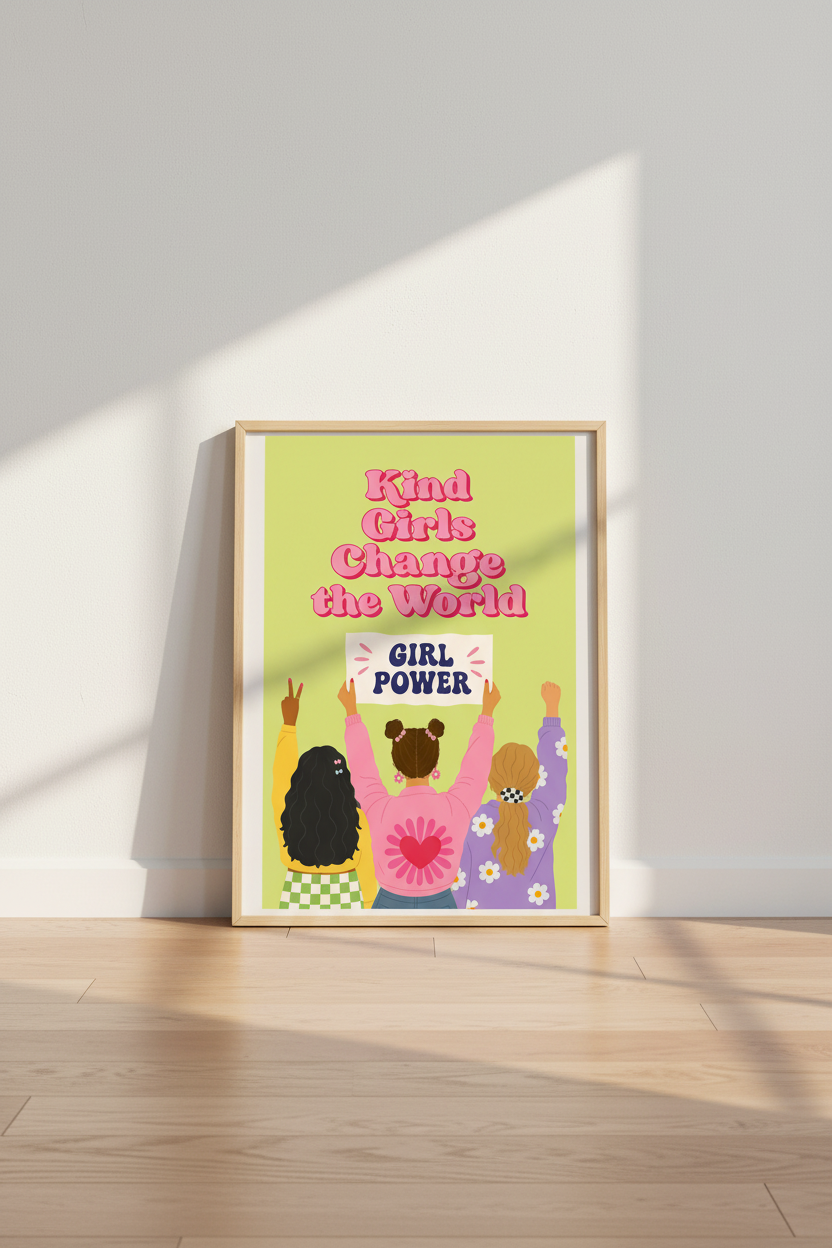 Girl Power Wall Art Print | Retro Pink Nursery Decor | Kind Girls Change World Poster
