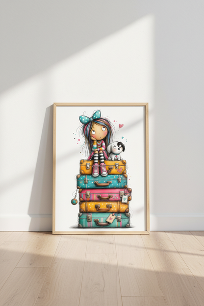 Whimsical Girl &amp; Dog on Suitcases Art Print | Kids Room Decor | Travel Poster