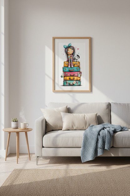 Whimsical Girl &amp; Dog on Suitcases Art Print | Kids Room Decor | Travel Poster
