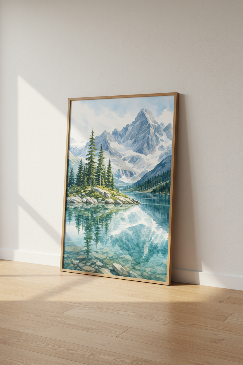 Mountain Lake Watercolor Print | Blue Forest Landscape, Nature Wall Decor