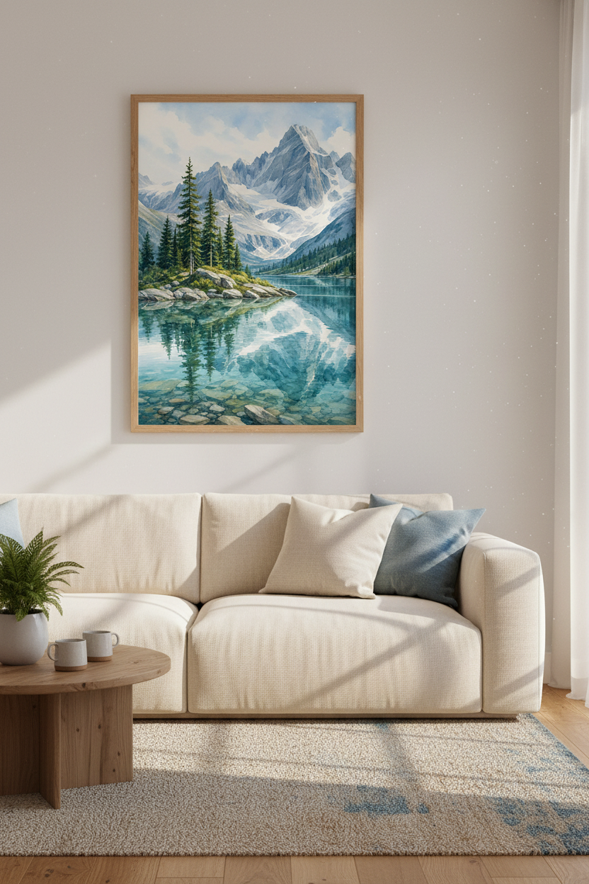 Mountain Lake Watercolor Print | Blue Forest Landscape, Nature Wall Decor