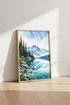 Mountain Lake Watercolor Art | Blue Snowy Peaks, Nature Lovers Living Room Decor