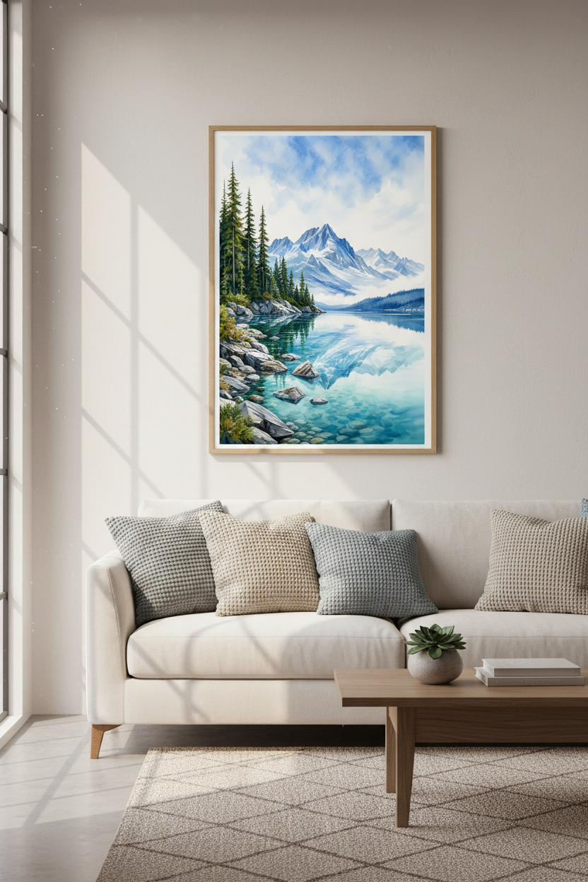Mountain Lake Watercolor Art | Blue Snowy Peaks, Nature Lovers Living Room Decor
