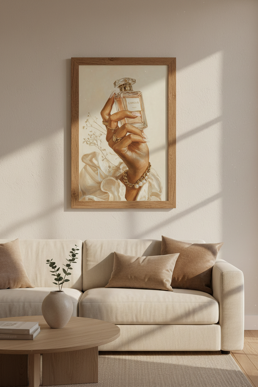 Perfume Bottle Oil Painting | Parisian Chic Cream &amp; Gold Art, Vanity Decor