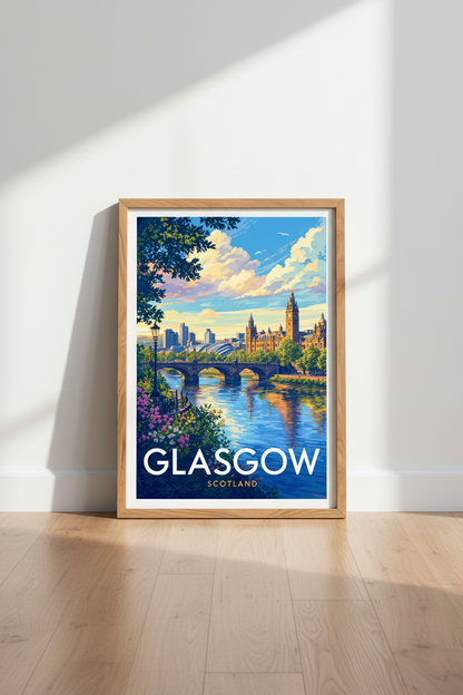 Glasgow Scotland Cityscape Wall Art | Colorful Travel Print | Living Room Decor Art