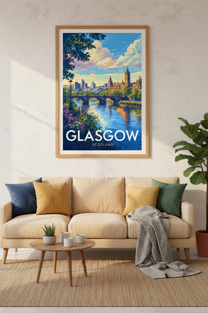 Glasgow Scotland Cityscape Wall Art | Colorful Travel Print | Living Room Decor Art