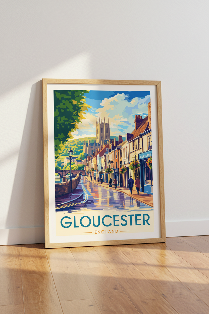 Gloucester England Travel Poster | Vintage Style Street Scenery, Living Room Wall Art