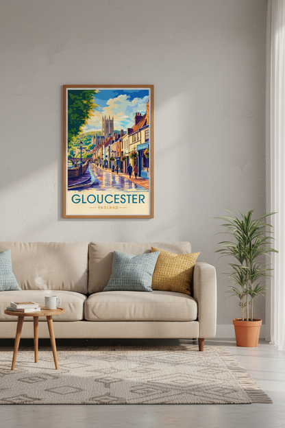 Gloucester England Travel Poster | Vintage Style Street Scenery, Living Room Wall Art