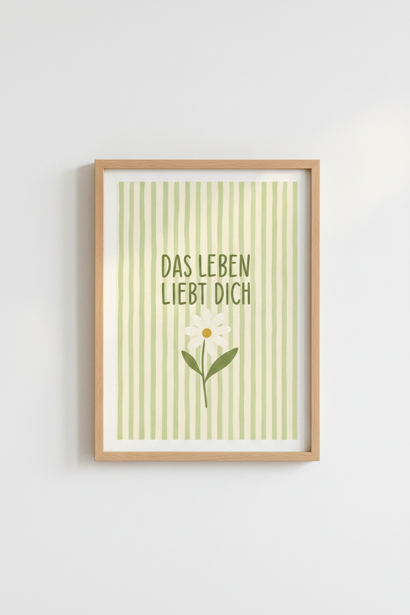 Sage Green Preppy Wall Art | Das Leben Liebt Dich Daisy Print | German Aesthetic Poster