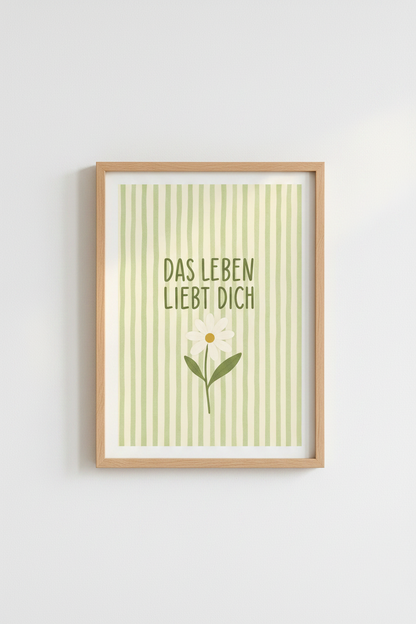 Sage Green Preppy Wall Art | Das Leben Liebt Dich Daisy Print | German Aesthetic Poster